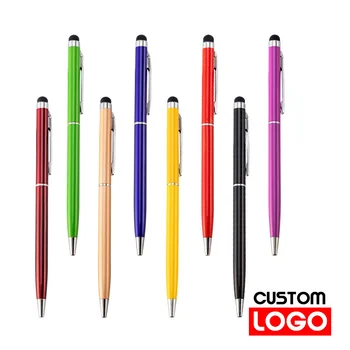 100 упаковок мини-пластикового стилуса 2 в 1, универсальной шариковой ручки с текстовой гравировкой, пользовательского логотипа, офисной школьной рекламной ручки