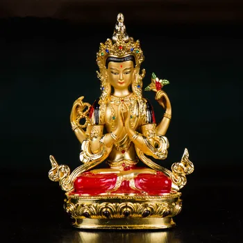 14,8 см Цветные Позолоченные Буддийские Поставщики Авалокитешвара Бодхисаттва С Четырьмя Руками Гуаньинь Тибетская Фигурка Статуя
