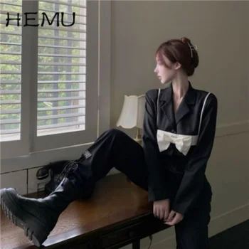 2021, Корейский пиджак Ins, костюм-тройка с высокой талией, женские топы, Двубортный однотонный блейзер с длинным рукавом
