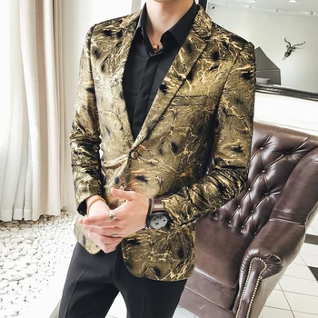 2021 весна Осень Европейский стиль золотой узор Бронзирующий костюм мужской Деловой повседневный Тонкий бархатный костюм с золотым принтом для мужчин M-5XL 0