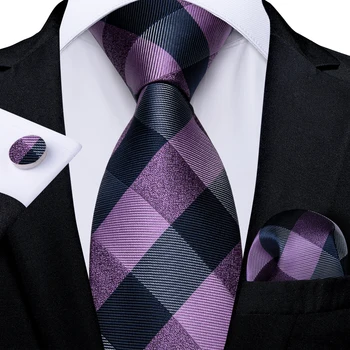 2022 Новая Мода Фиолетовый Синий Большой Клетчатый Шелковый Галстук для Мужчин Шириной 8 см Набор Галстуков Носовой Платок Запонки Аксессуары Подарок DiBanGu 0