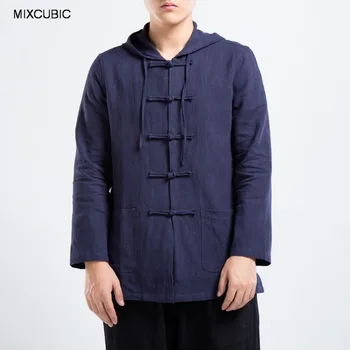 2022 Осенние льняные куртки в китайском стиле с капюшоном, мужские повседневные тонкие стиральные пластины с пряжкой, льняной костюм Тан с капюшоном, M-4XL
