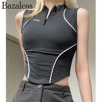 2023 bazaleas store traf Stores Базовый укороченный топ, облегающая футболка на молнии, Шикарная прошитая по фигуре в полоску, официальная женская одежда