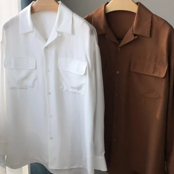2023 Весенне-летняя женская свободная шелковая рубашка с имитацией Кубинского воротника и двойным карманом с длинными рукавами