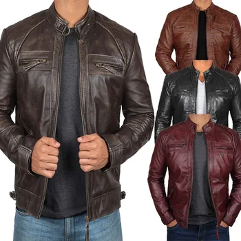 2023 Европейская и американская мужская кожаная куртка со стоячим воротником для мальчиков, мужская мотоциклетная кожаная куртка в стиле панк-панк