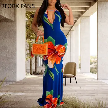 2023 Женское Шикарное платье с цветочным принтом, глубоким V-образным вырезом, бретельками-спагетти, Макси-сексуальное облегающее платье для отпуска на шнуровке 0