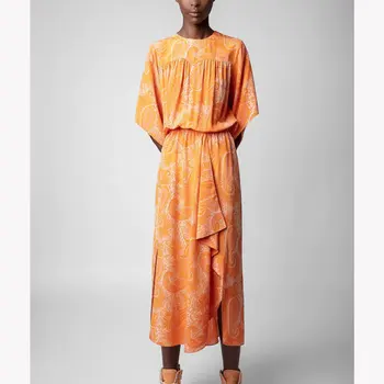 2023 Женское оранжевое платье миди с ржавым принтом, круглый вырез, рукава до половины, эластичный пояс, разрез спереди с оборками, модные длинные платья 0