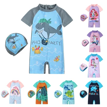 2023 Купальники для маленьких мальчиков и девочек с шапочкой, Летний детский купальник, пляжная одежда для дайвинга, цельный купальный костюм с защитой от ультрафиолета для младенцев