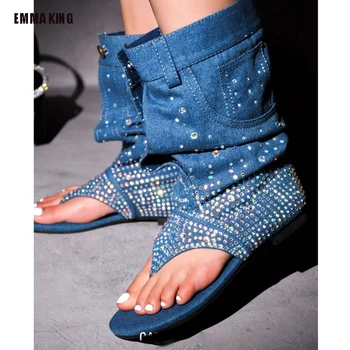 2023 Летние женские хрустальные сандалии в этническом стиле, женские джинсовые ботильоны, сандалии-гладиаторы на плоской подошве в римском стиле, 44