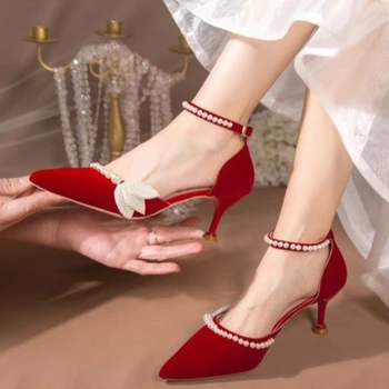 2023, Модная женская обувь с односложной пряжкой, Женские туфли-лодочки, весенние туфли-лодочки на высоком каблуке с острым носком и жемчугом, женские свадебные