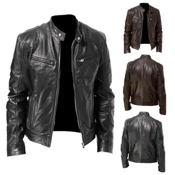 2023 Модная мужская кожаная куртка, приталенная куртка из искусственной кожи с воротником-стойкой, мужская куртка с защитой от ветра, мотоциклетные куртки на диагональной молнии, мужские