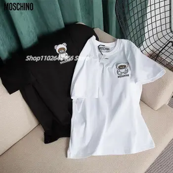 2023 Мужская футболка люксового бренда Moschino с принтом Little Bear Edition, Хлопковая футболка с круглым вырезом и коротким рукавом для мужчин, Женская Свободная 0
