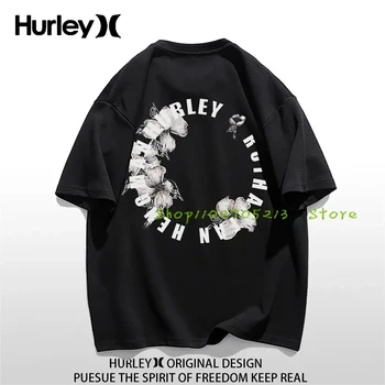 2023 Новая футболка Hurley Classic High Street с простым буквенным логотипом, свободная футболка с короткими рукавами, белая, черная, зеленая, с каракулями,