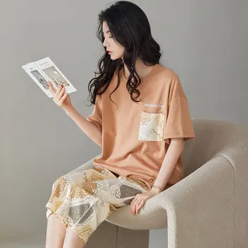 2023 Новый Оранжевый Пижамный костюм с карманом, женская повседневная Корейская версия, Летняя Хлопковая пижама Sweet Leaves
