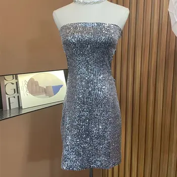 2023 новое модное выдолбленное платье без бретелек с блестками для женщин, тонкое сексуальное женское мини-платье для вечеринки в ночном клубе Y3652 0