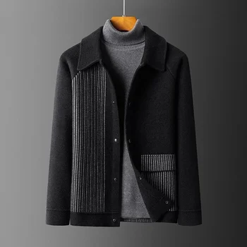 2023 осень-зима, высококачественная куртка, пальто, мужское шерстяное пальто с лацканами, модный тренд в полоску, соответствующий цвету, вязаный свитер, кардиган
