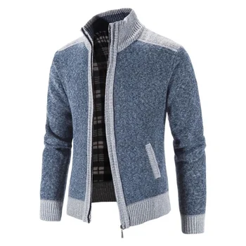 2024 Новый мужской свитер, модный кардиган в стиле пэчворк, мужская вязаная куртка, приталенный воротник-стойка, толстые теплые пальто