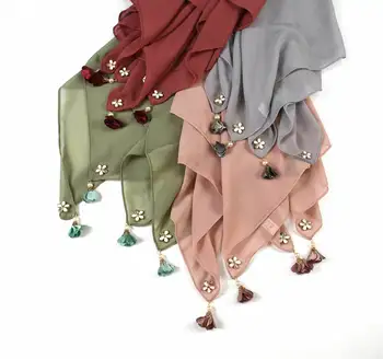 90x90 см Новый дизайн, высококачественный мусульманский малайзийский женский милый шарф-сукре из пузырчатого шифона с кисточками, хиджаб с цветочной подвеской