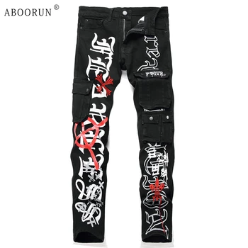 ABOORUN Мужские джинсы в стиле панк с вышивкой готическими буквами Джинсовые брюки Уличная одежда Стрейчевые брюки для мужчин 0