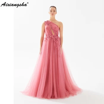 Aixiangsha Розовое платье на одно плечо Для выпускного вечера Трапециевидной формы С цветами, Вечернее платье Без рукавов, vestidos de fiesta elegantes para mujer 2023