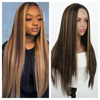 Awahair Highlight Длинный прямой кружевной парик 28 дюймов Синтетические парики для чернокожих женщин Африканский Парик для косплея Черная Блондинка Средняя часть