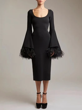 BEVENCCEL 2023, Новое летнее женское черное Сексуальное облегающее бандажное платье с длинными рукавами и перьями, Элегантное вечернее платье для клубной вечеринки