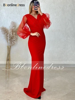 Bbonlinedress Красное вечернее платье Русалки с прозрачными рукавами-фонариками, длинные платья для выпускного вечера 2023, вечернее платье Bobycon с бисером, Vestidos