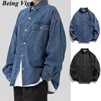 Being Vigor Весна Осень Однотонная мужская джинсовая рубашка Джинсовая синяя блузка Унисекс Джинсовая рубашка Куртка camisa masculina 0