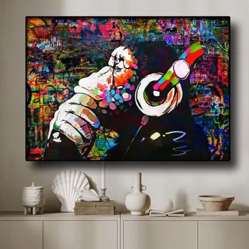 DJ Monkey Граффити На холсте Хип-хоп Стрит-арт Плакат и принты Поп-арт Настенное изображение для домашнего декора гостиной
