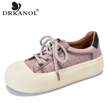 DRKANOL/ Модные женские кроссовки с толстой подошвой, Летняя повседневная обувь, Комфортная женская обувь из натуральной кожи с полой дышащей шнуровкой