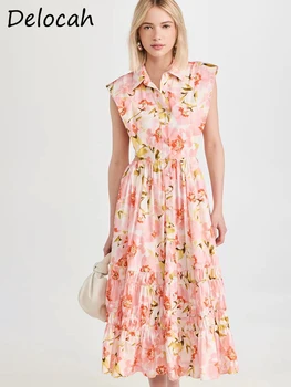Delocah Высококачественное Летнее женское модное дизайнерское платье миди без рукавов с высокой талией и цветочным принтом, платья в стиле гофрированной рубашки
