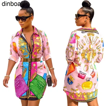 Dinboa 2022 Роскошные женские платья-рубашки с длинным рукавом и многоцветным принтом на пуговицах большого размера
