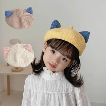FOCUSNORM/ Вязаные шапки с кошачьими ушками для маленьких девочек от 2 до 6 лет, однотонные осенне-зимние модные шапочки, 9 цветов