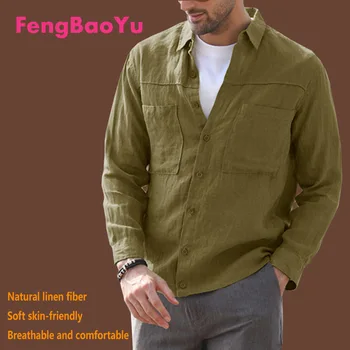 Fengbaoyu Высококачественная Льняная Весенне-осенняя Мужская рубашка С длинными рукавами, Винтажная Свободная Хлопчатобумажная Льняная блузка Fat Man 150 КГ с двумя карманами
