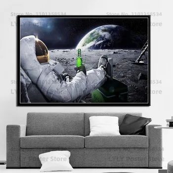 G164 Классический Открытый космос, Астронавты Пьют пиво, Наблюдая за Землей на Луне, Фантастический настенный художественный декор, картина на холсте, Шелковый плакат