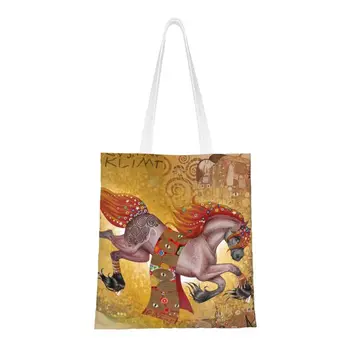 Gustav Klimt Running Horses, сумки для покупок продуктов, женская мода, золотые слезы и поцелуй, холщовая сумка для покупок через плечо, сумочка