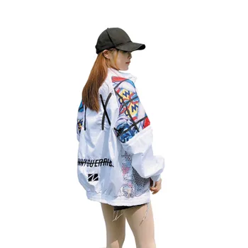 Harajuku Новые повседневные женские куртки-ветровки с вышивкой и принтом граффити, Летняя солнцезащитная Свободная верхняя одежда, съемный рукав