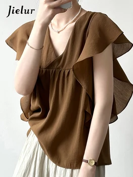 Jielur, Шикарная женская блузка во французском стиле с коричневыми оборками, летящий рукав, V-образный вырез, Однотонная модная женская блузка, Летние Элегантные топы 0