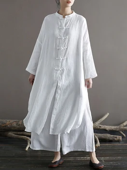 Johnature Женские Белые Длинные рубашки в китайском стиле, Льняные блузки на пуговицах с длинным рукавом, Весенняя новинка 2023, Винтажные женские топы, рубашки
