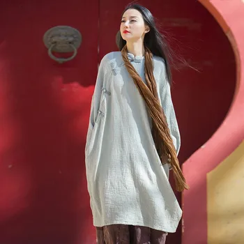 Johnature Женское винтажное платье с однотонной подставкой на пуговицах трапециевидной формы в китайском стиле 2023, весеннее новое хлопковое женское платье с длинным рукавом