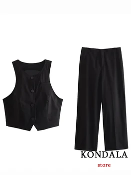 KONDALA Шикарный Однотонный Черный женский костюм для Хай-стрит, мода 2023, лето, короткий топ без рукавов с круглым вырезом, Повседневные Широкие брюки