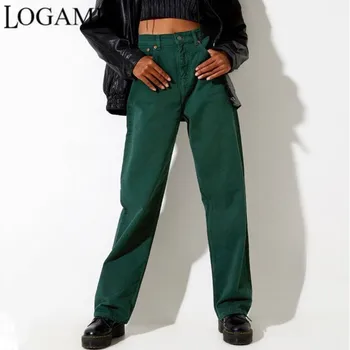 LOGAMI, свободные прямые джинсы с высокой талией, изумрудные джинсовые брюки, женские джинсы-бойфренды, темно-зеленые