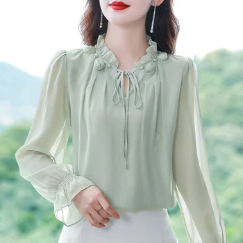 M-4XL, Весенне-осенние женские топы, Новая модная шифоновая блузка с воротником-лепестком, расклешенная повседневная белая рубашка с длинным рукавом