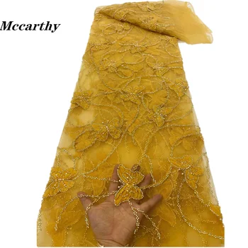 Mccarthy Gold 2023 Кружевные ткани из нигерийского тюля с бисером, высококачественные роскошные африканские блестки, французское тюлевое кружево для вечеринки 0