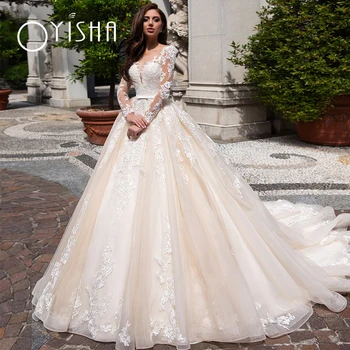 Oyisha Элегантный большой круглый шеи кружева аппликация 2023 иллюзия с длинным рукавом винтажные женские свадебное платье A-Line свадебное платье тюль
