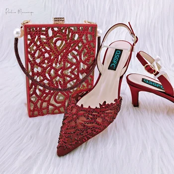 PM Новые популярные элегантные женские туфли и сумочка на высоком каблуке с острым носком цвета красного вина, коралловый узор, полый дизайн, вечерние женские туфли и сумочка