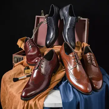Phenkang/ Мужские Оксфордские туфли из натуральной кожи с острым носком, Оксфорды на шнуровке, Модельные Броги, Свадебные Деловые туфли на платформе