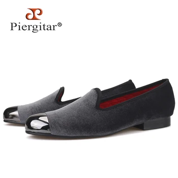 Piergitar/ мужские бархатные туфли серого цвета с острым металлическим носком; модные мужские лоферы для вечеринок и свадеб; мужские тапочки для курения ручной работы