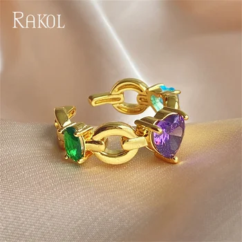 RAKOL Изысканные кольца с цирконием в виде фиолетового сердца для женщин, модные кольца в форме цепочки золотого цвета, новые вечерние украшения INS