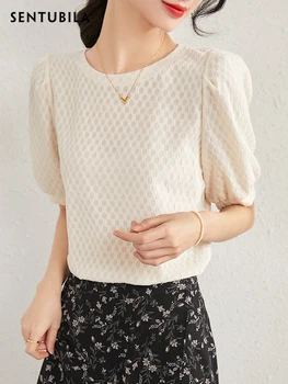 Sentubila Элегантная геометрическая жаккардовая блузка Для женщин 2023, летняя мода, Прямые топы с круглым вырезом и коротким рукавом, Женские футболки, одежда